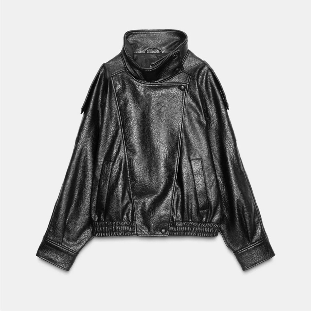 Zara Women's Black Leather Jacket with High Collar